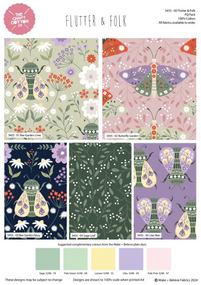 Collection of butterfly and floral fabric patterns with color swatches.