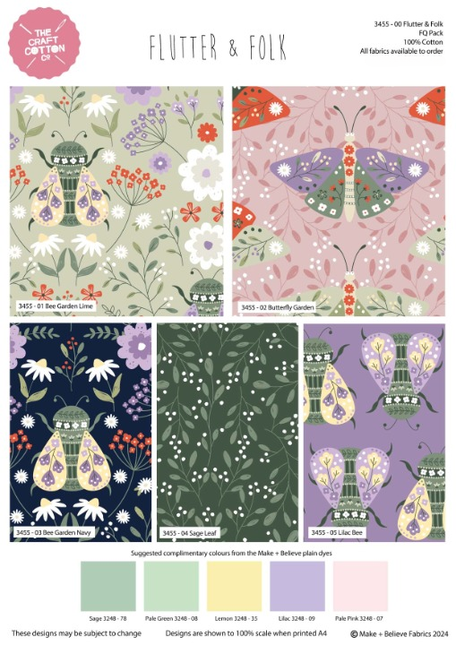 Collection of butterfly and floral fabric patterns with color swatches.