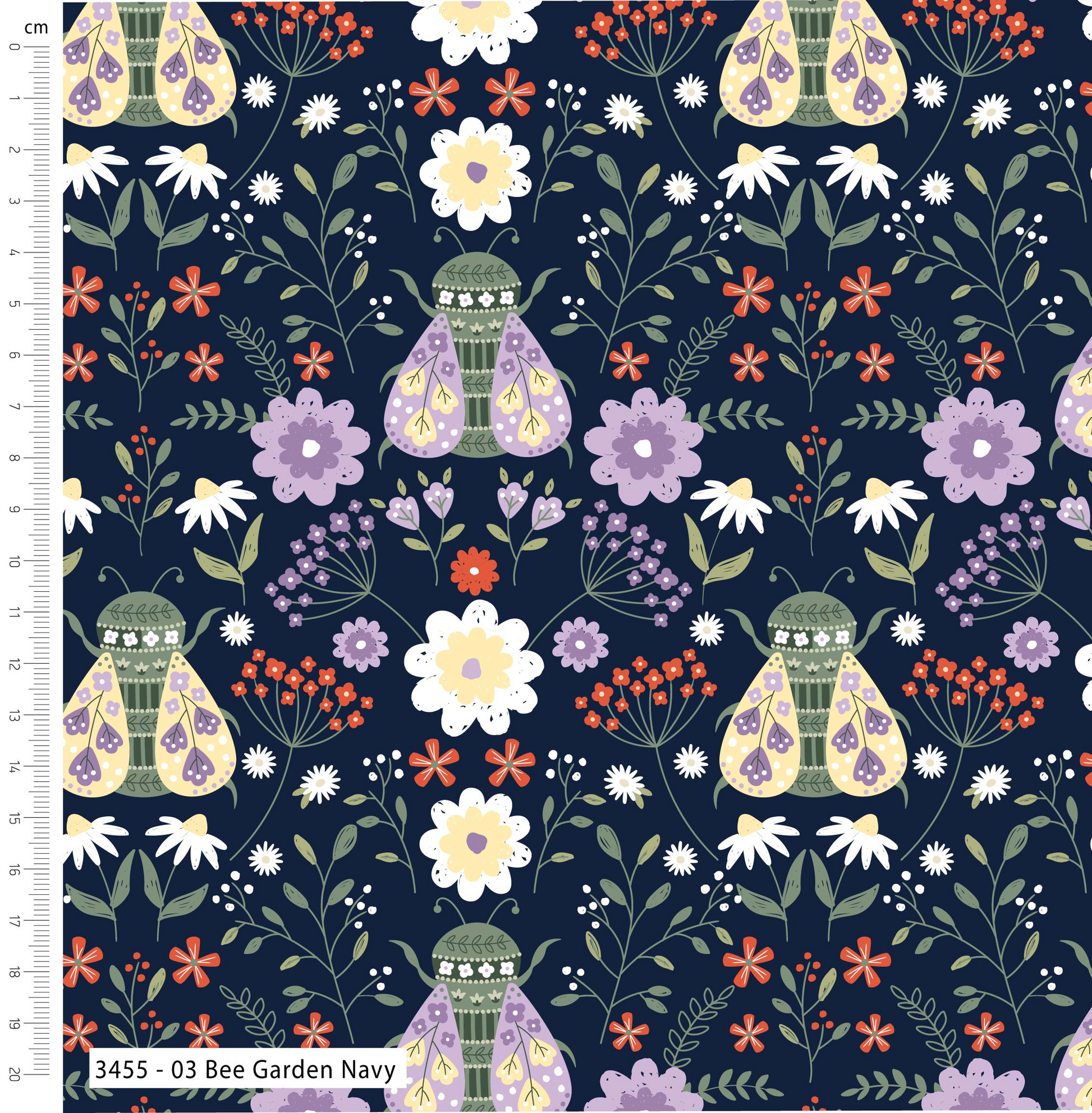 Patterned fabric with bees, flowers, and lanterns on a navy background