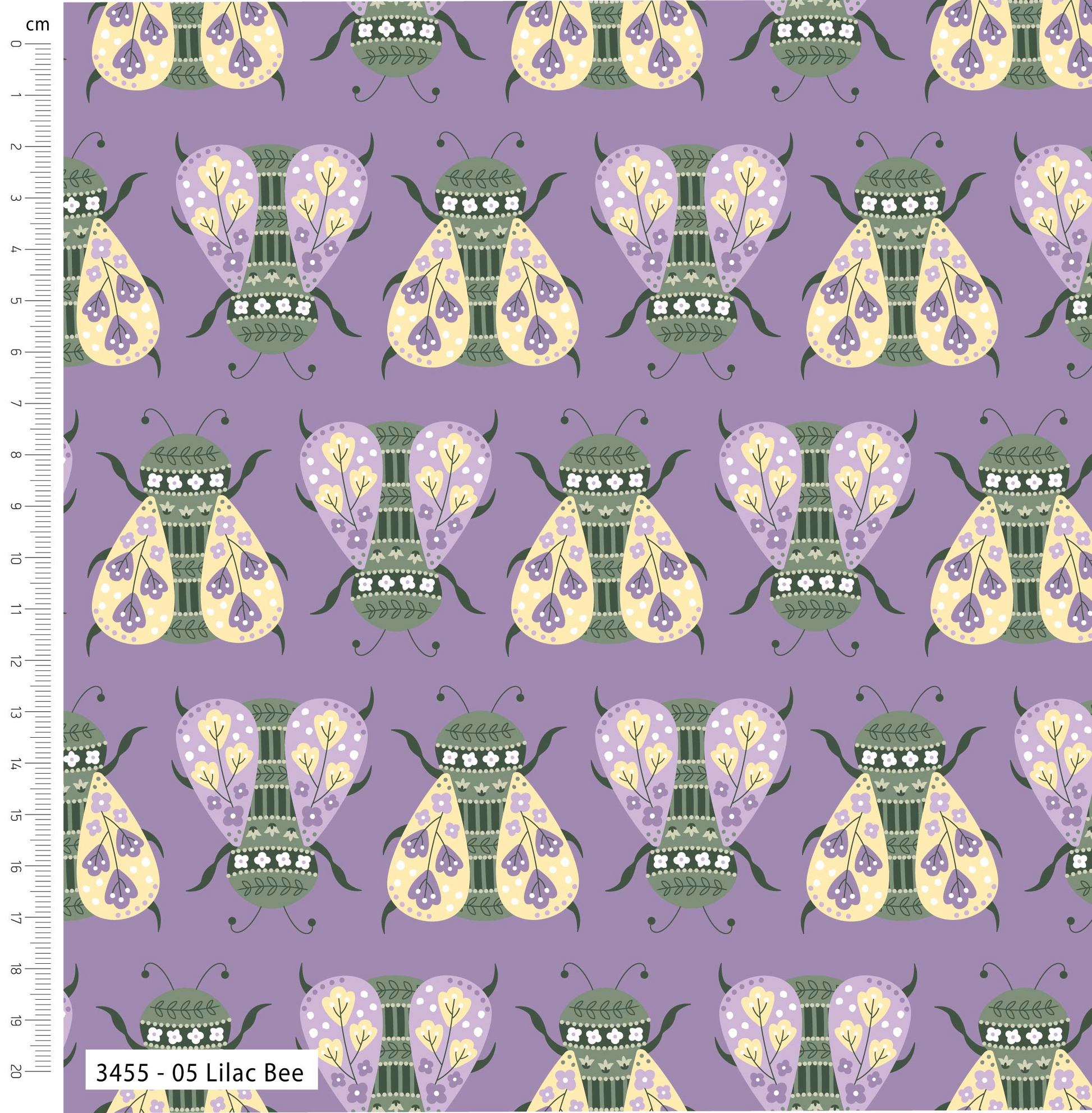 Pattern of stylized bees on a purple background with a ruler for scale.