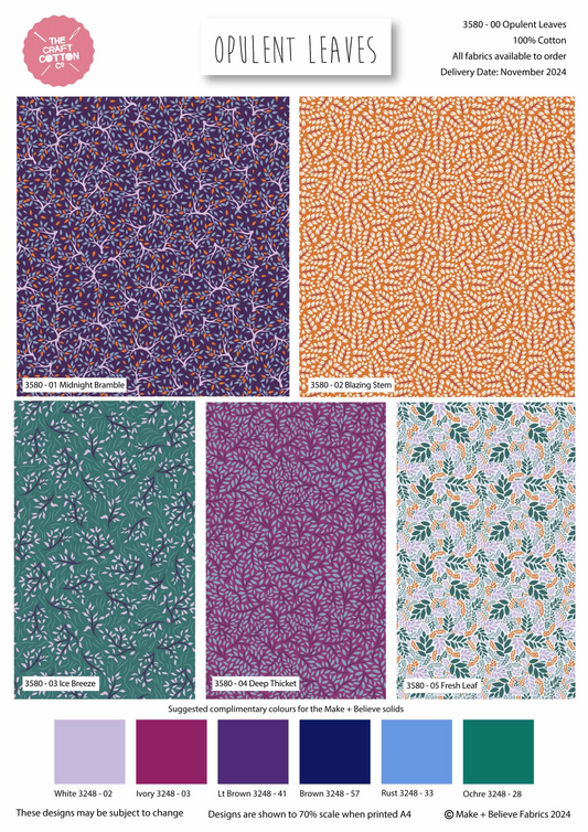 Collection of fabric patterns with 'Opulent Leaves' branding and color swatches.