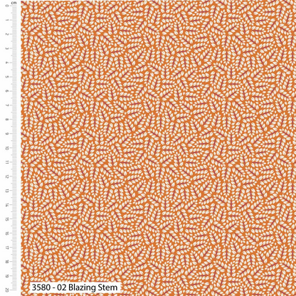 Fabric with orange and white pattern labeled 'Blazing Stem' on a white background