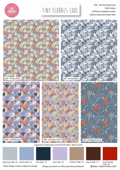 Collection of tiny floral patterns with color swatches and fabric information.