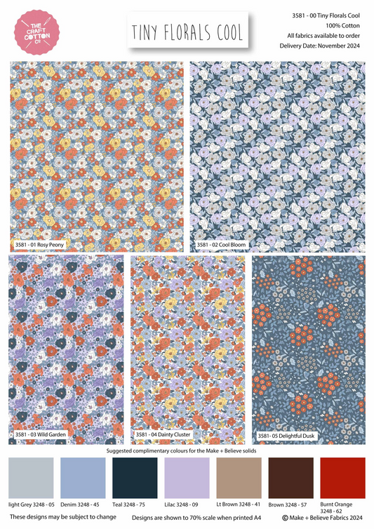 Collection of tiny floral patterns with color swatches and fabric information.