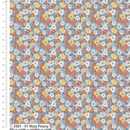 Floral pattern with red, yellow, and white flowers on a blue background, with a ruler for scale.