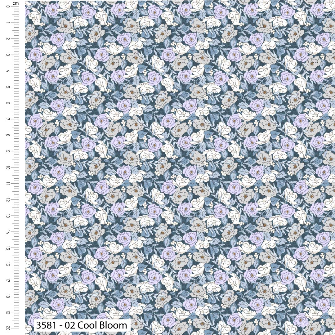 Floral pattern with small flowers in white, purple, and green on a blue background, with a ruler on the left side.