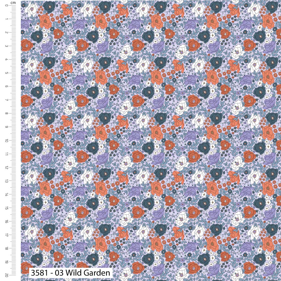 Floral pattern with orange, purple, and white flowers on a blue background, with a ruler for scale.
