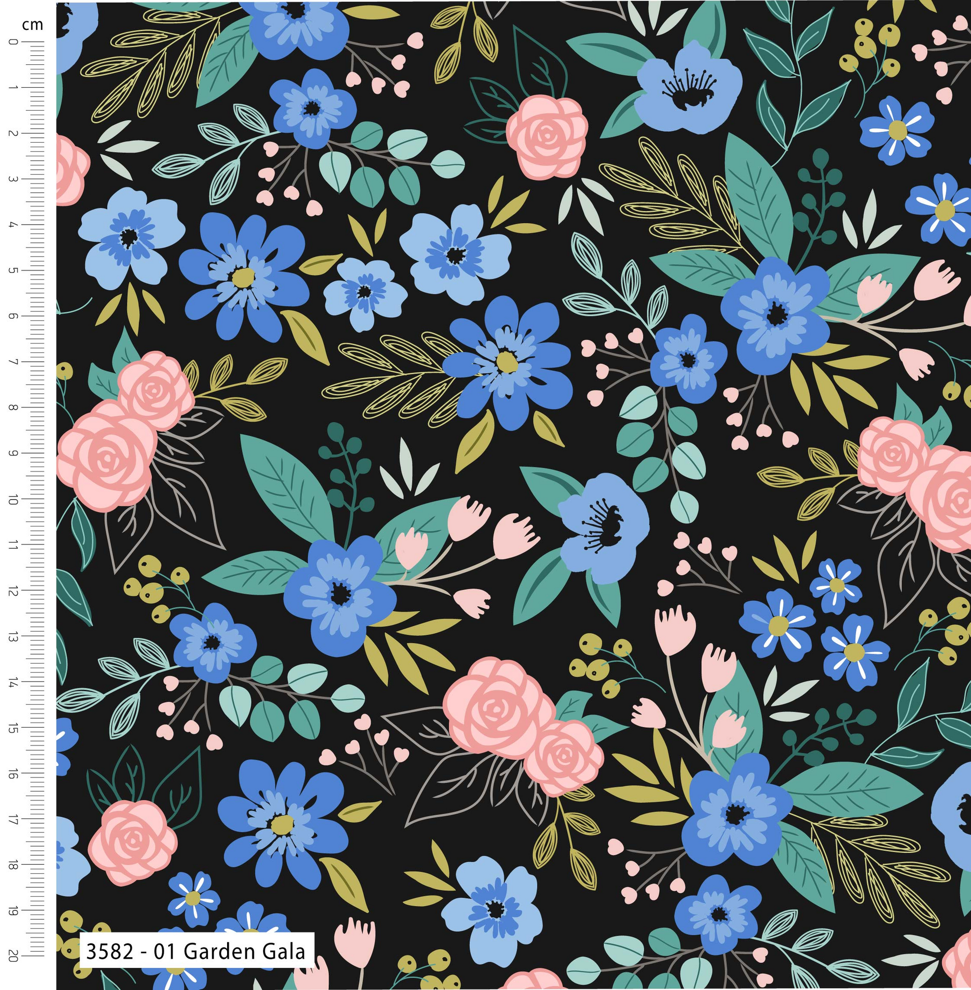 Floral pattern with blue, pink, and green flowers on a black background, with a ruler for scale.
