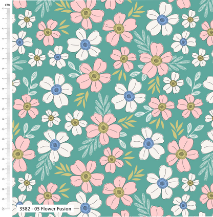 Floral pattern with pink, white, and blue flowers on a teal background