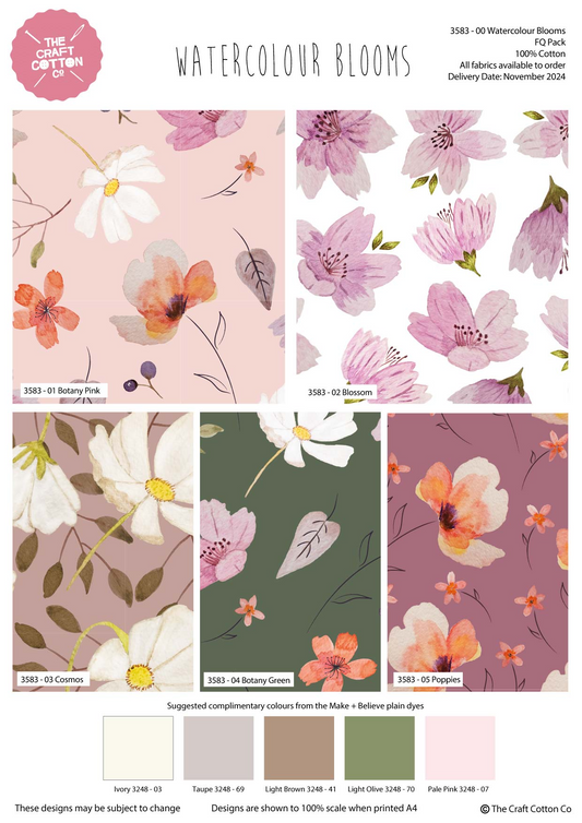 Collection of watercolor floral patterns with color swatches and branding at The Craft Co.
