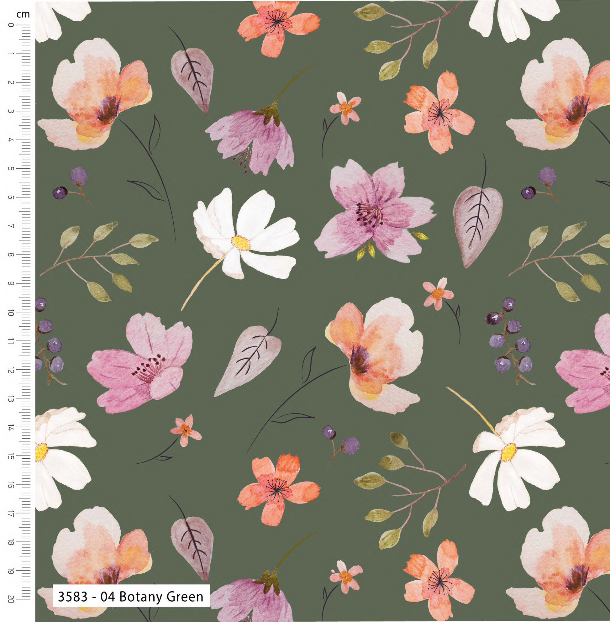 Floral pattern with pink, white, and orange flowers on a green background