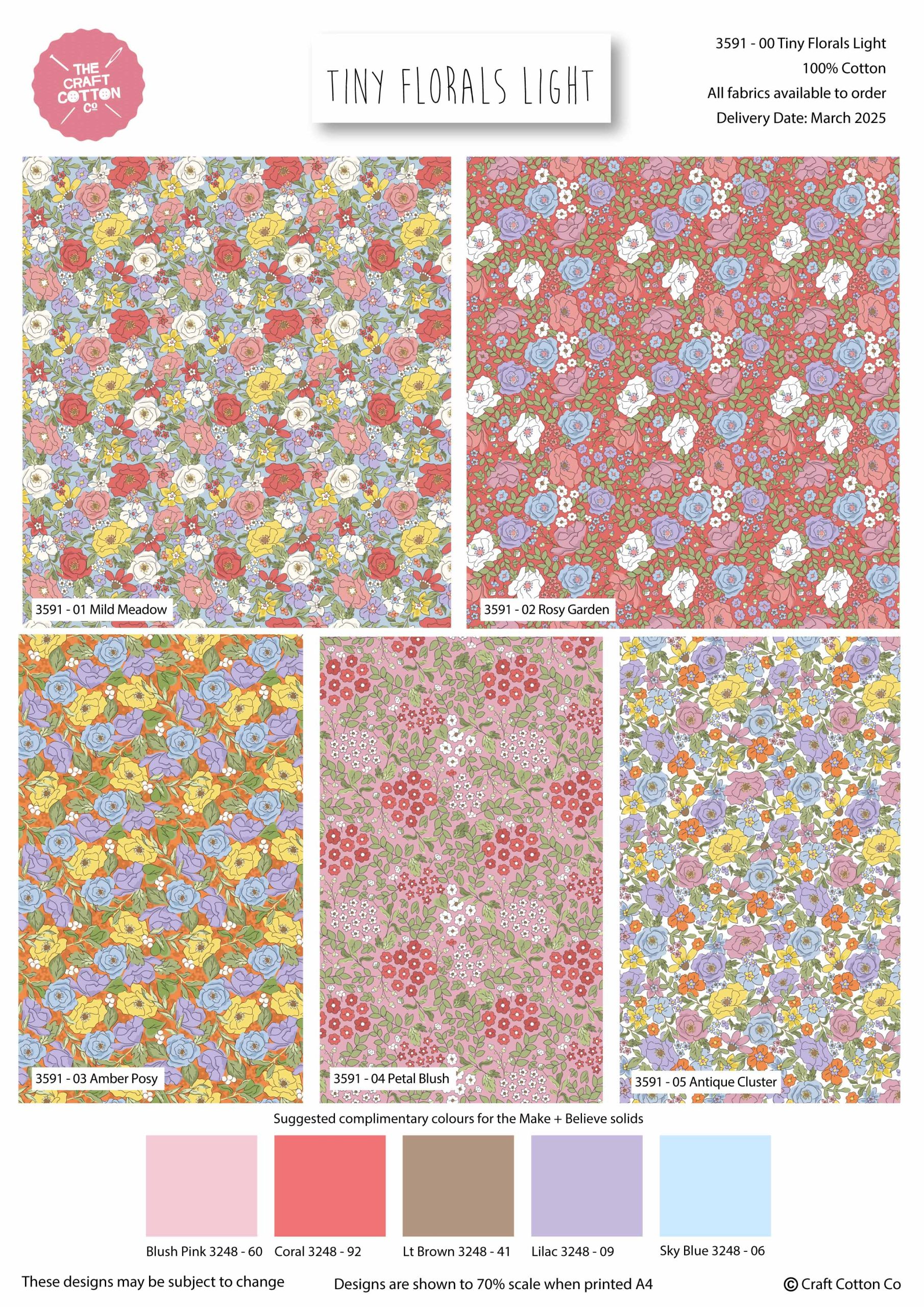Collection of tiny floral patterns with color swatches and Craft Co. branding.