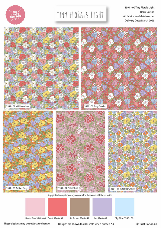 Collection of tiny floral patterns with color swatches and Craft Co. branding.