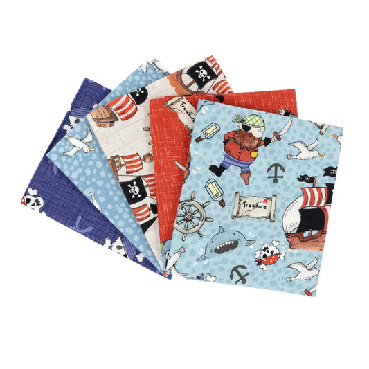 Set of fabric swatches with pirate-themed designs on a white background