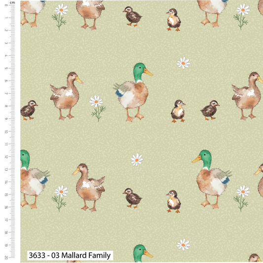 Pattern of mallard ducks and ducklings on a light green background with flowers.
