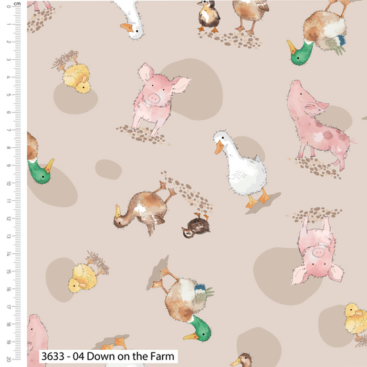 Fabric with farm animal pattern including pigs, ducks, and chickens on a beige background.
