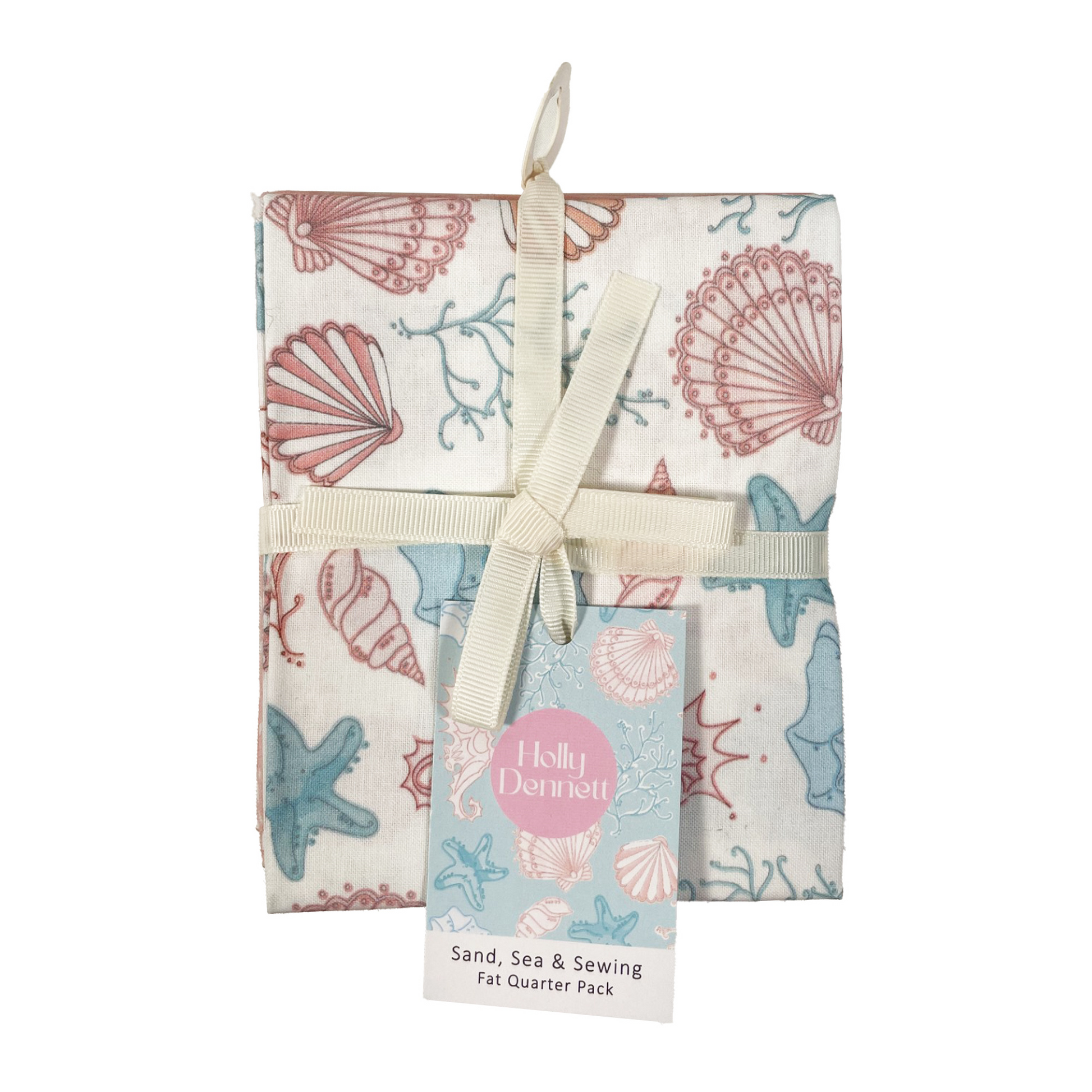 Fabric with shell pattern and Holly Dennett label on a white background