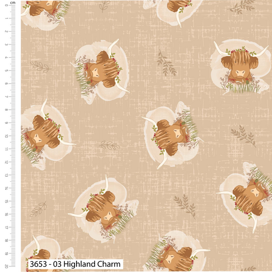 Fabric with highland cows pattern on a beige background