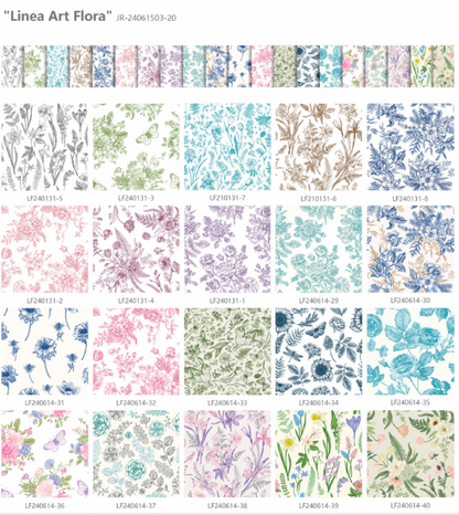 Collection of floral pattern swatches labeled 'Linea Art Flora' with a grid layout.