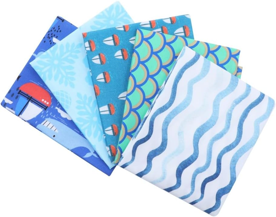 Set of five fabric swatches with blue and green patterns on a white background