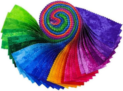 Stack of colorful fabric swatches arranged in a spiral pattern on a white background