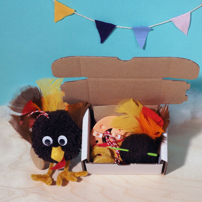Toy birds with colorful feathers in a cardboard box against a blue background with colorful flags.
