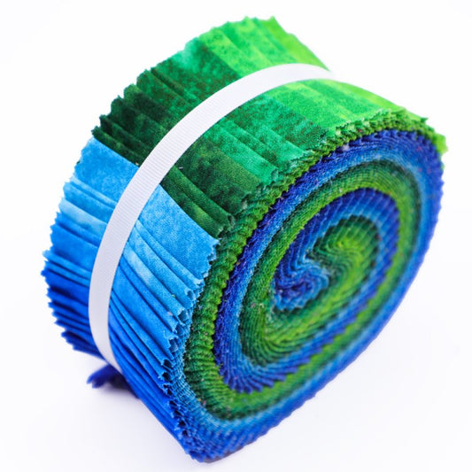 Rolled-up fabric with green and blue gradient on a white background