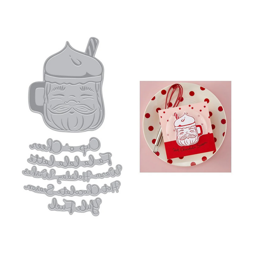 Metal die cutters shaped like a mug with a face and text, on a white background.