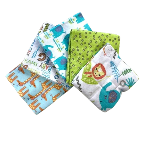 Set of four baby burp cloths with animal patterns on a white background