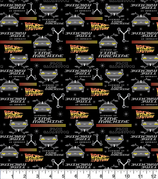 Patterned fabric with 'Back to the Future' theme featuring DeLorean time machine and text on a black background.