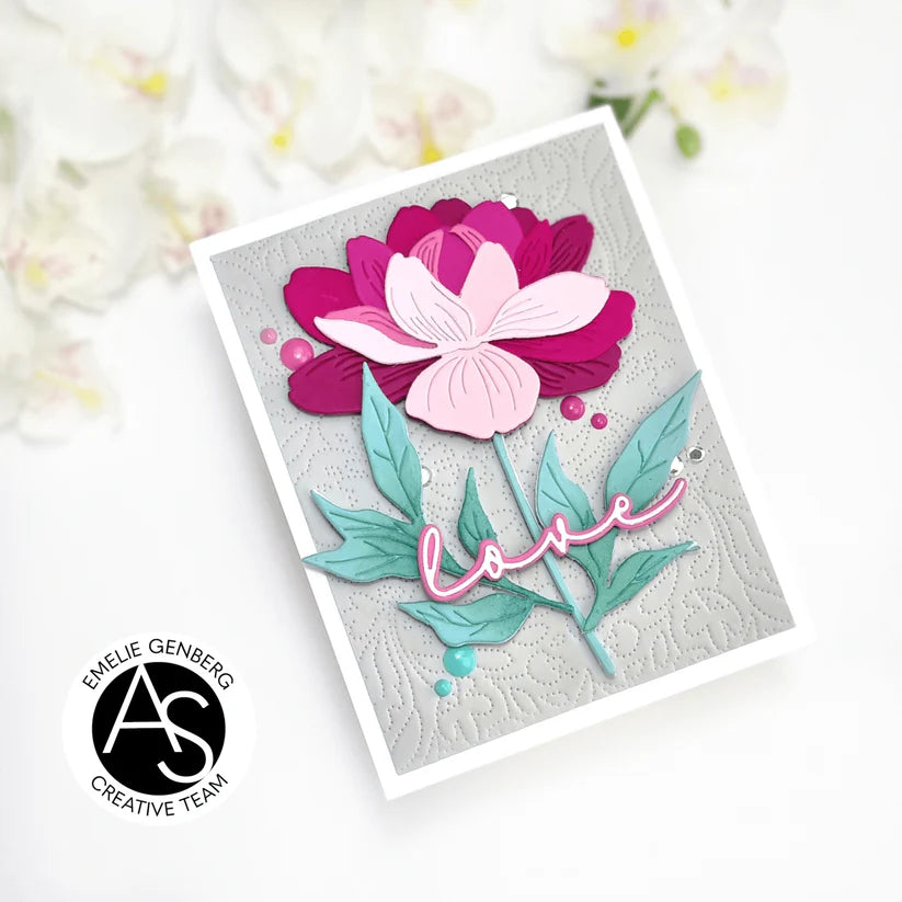 Card with a pink flower and green leaves on a gray background, featuring the AS Creative Team logo.
