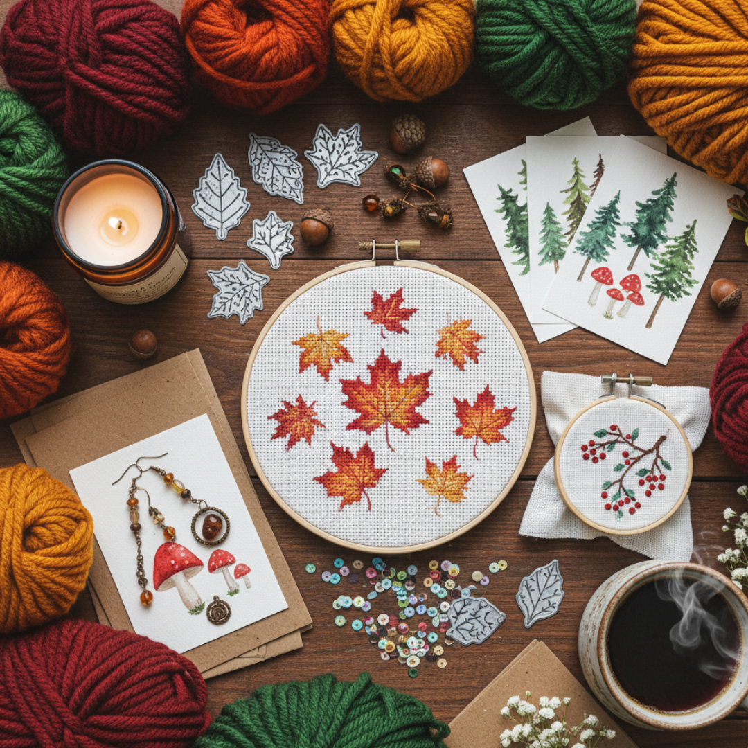 Embroidery hoop with autumn leaf design, surrounded by yarn balls, a candle, and coffee on a wooden table.