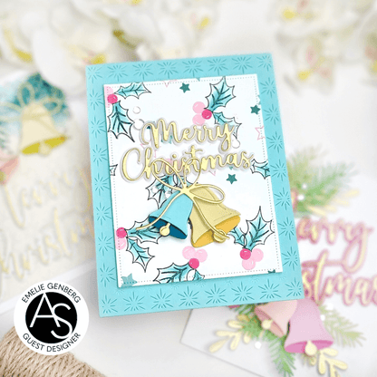 Christmas card with gold bell and holly design on a light blue border