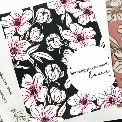 Floral card with 'Sending you so much love' text on a black background