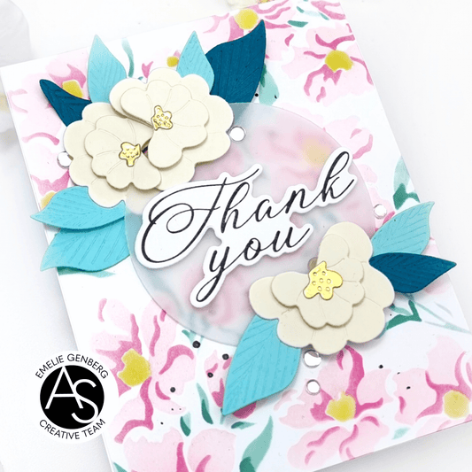 Greeting card with floral design and 'Thank you' text on a colorful background