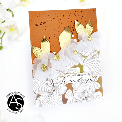 Card with gold and white floral design and 'you are absolutely wonderful' text on an orange background.