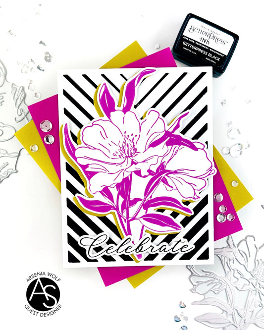 Card with floral design and 'Celebrate' text, surrounded by decorative elements on a white background.
