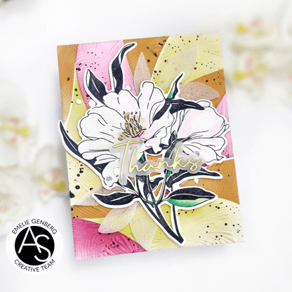 Card with floral design and 'Thank you' text on a colorful background