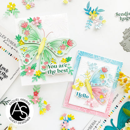 Butterfly-themed cards with floral designs on a white background