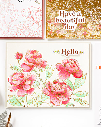 Set of greeting cards with floral designs and text on a white background