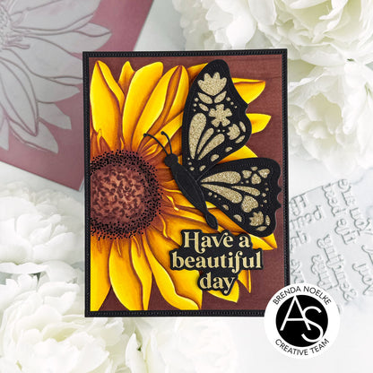 Card with sunflower and butterfly design on a floral background