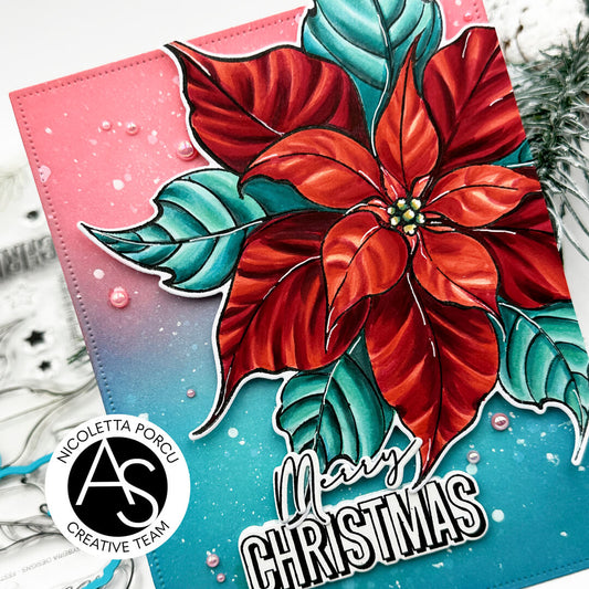 Card with red poinsettia design and 'Merry Christmas' text on a pink and blue gradient background.