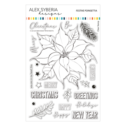 Clear stamp set with festive poinsettia design and Christmas text by Alex Syberia on a white background.