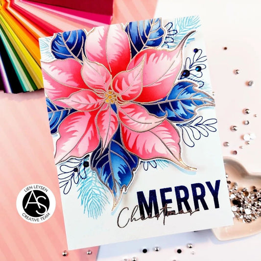 Decorative card with pink flowers and blue leaves, featuring the text 'Merry Christmas' on a colorful background.