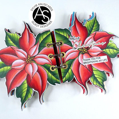 Decorative butterfly with poinsettia flowers and Christmas message on a white background