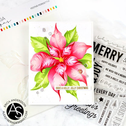 Christmas-themed card with poinsettia design and stamp set on a white background
