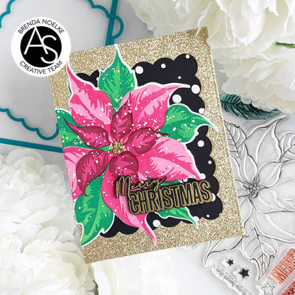 Christmas card with pink poinsettia and 'Merry Christmas' text on a glittery gold background.