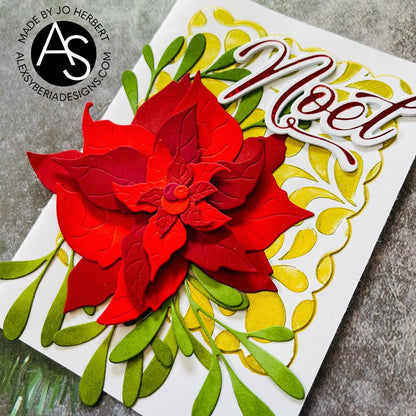 Card with red floral design and 'Mistletoe' text on a gray background