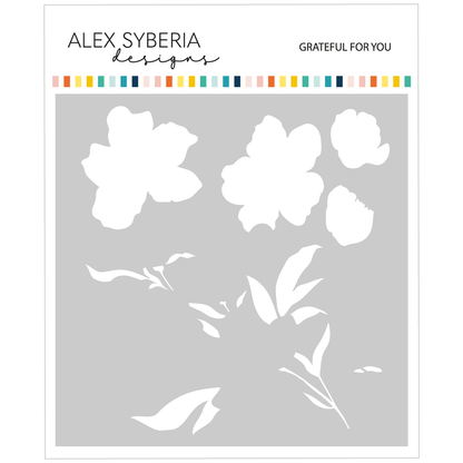 Floral design stencil with 'Alex Syberia Designs' branding on a gray background