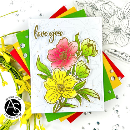 Card with floral design and 'love you' text, surrounded by colorful flags and flowers.